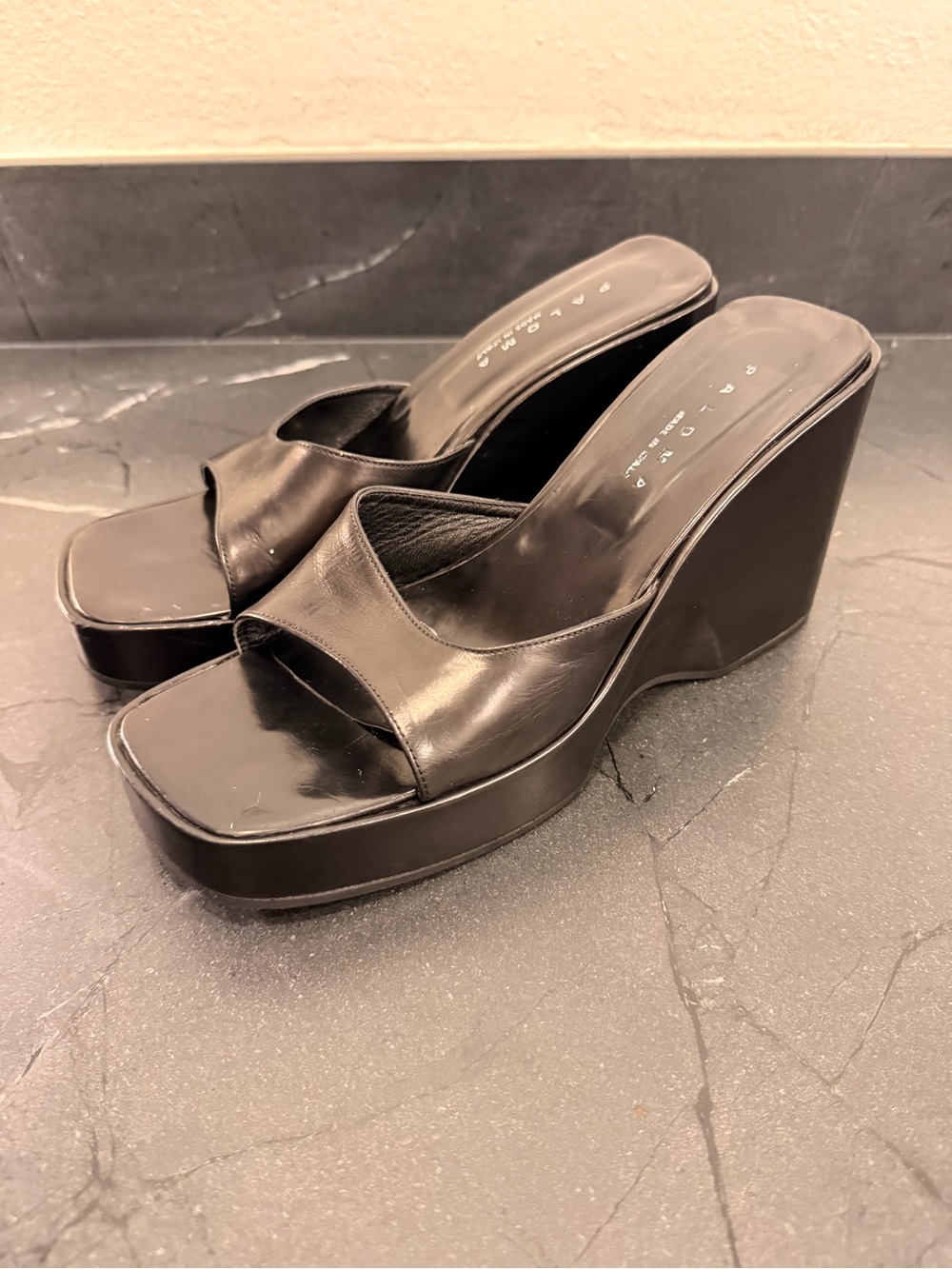 Black Leather Platform Wedge Slide Sandals - Sleek Open-Toe Wedges